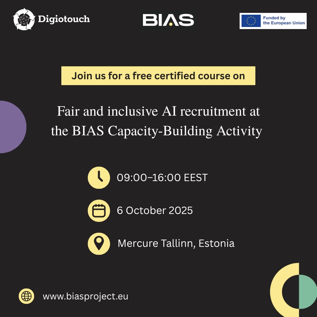⏳Few spots left for our free, certified workshop on AI &amp; Ethics in Recruitment in #Tallinn 🇪🇪, organised part of the <a href="/BIASProjectEU/">BIAS Project</a> on 6 Oct.

Learn to spot bias, navigate GDPR &amp; AI Act, and apply ethical #AI tools.

Register now: tinyurl.com/jx64rus4