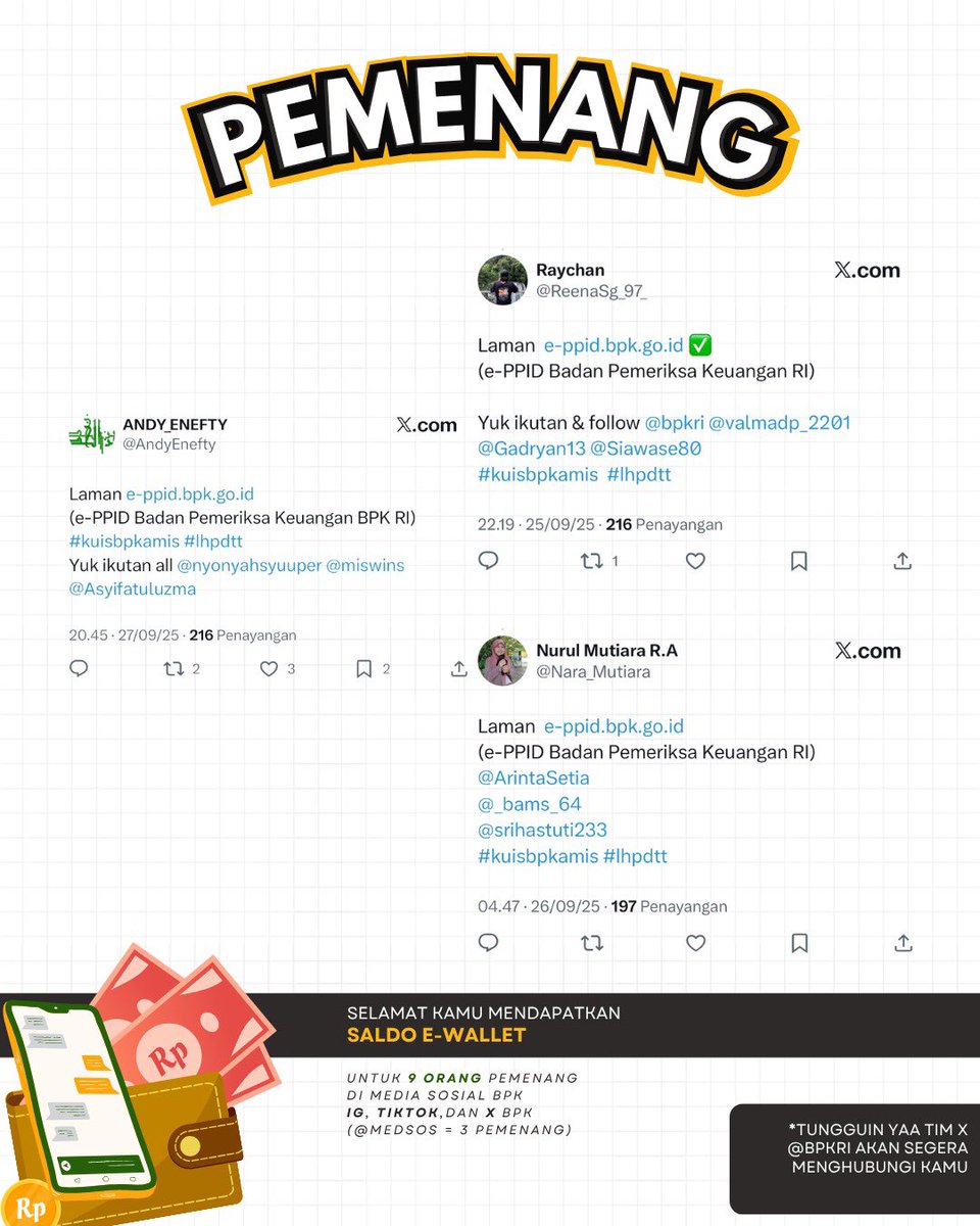 bpkri's tweet photo. Selamat untuk pemenang #KuisBPKamis periode ini!

BPKawan, ada nama kamu ngga, yang keluar sebagai pemenang? Coba cek yaa, kalau ngga ada disini, mungkin ada di Instagram atau Tiktok BPK.

#KUISBPKAMIS #BPKRI #Bermartabat #Bermanfaat https://t.co/TeRYUfFVGZ