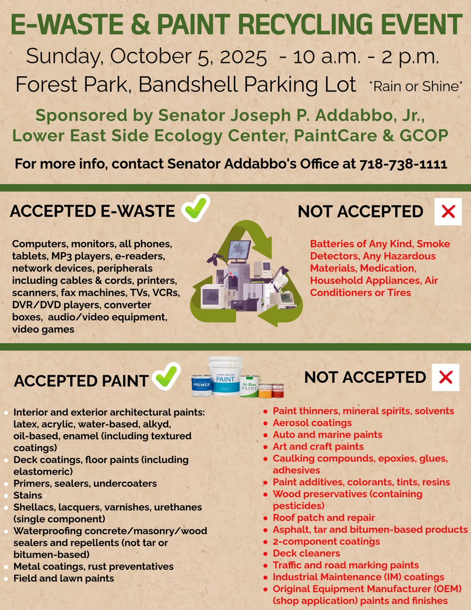 <a href="/SenJoeAddabbo/">SenatorJoeAddabbo</a> is hosting a free fall electronic waste recycling event on Sunday October 5, 2025, from 10am-2pm at the Forest Park Bandshell Parking Lot. They will be collecting old, broken or unused electronics and also paint.

See below for more information ⬇️