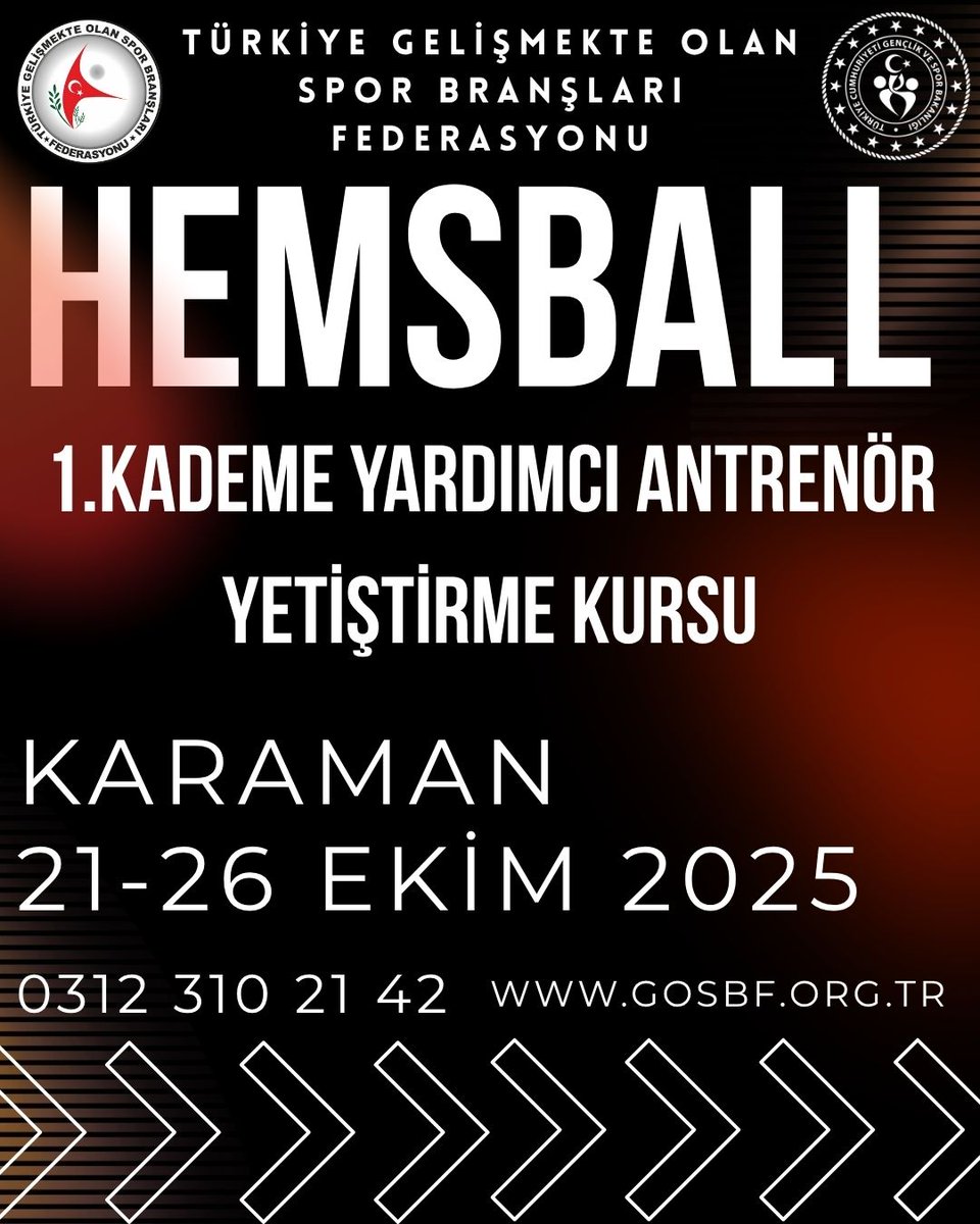 Federasyonumuz Hemsball branşı
1. Kademe Yardımcı Antrenör Yetiştirme Kursu 21-26 Ekim 2025 tarihleri arasında Karaman ilinde gerçekleştirilecektir.

Detaylara resmi web adresimiz üzerinden ulaşabilirsiniz.
<a href="/OA_BAK/">Dr. Osman Aşkın Bak</a> 
<a href="/hamzayerlikaya/">Hamza Yerlikaya 🇹🇷</a> 
<a href="/fjuysal/">Fatih UYSAL</a> 
<a href="/gencliksporbak/">Gençlik ve Spor Bakanlığı 🇹🇷</a> 
<a href="/GSBsporgm/">Spor Hizmetleri Genel Müdürlüğü</a>