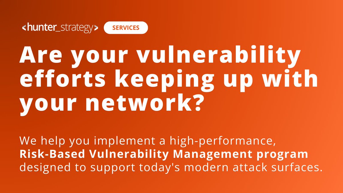 HunterStrategy 🇺🇦 (@hunterstrategy) on Twitter photo Is your vulnerability program keeping up with your network?
Your attack surface is more complex than ever, with new cloud models, mobile endpoints, and operational technologies.
Relying on a traditional approach can leave critical risks exposed.
We help our partners implement Is your vulnerability program keeping up with your network?
Your attack surface is more complex than ever, with new cloud models, mobile endpoints, and operational technologies.
Relying on a traditional approach can leave critical risks exposed.
We help our partners implement