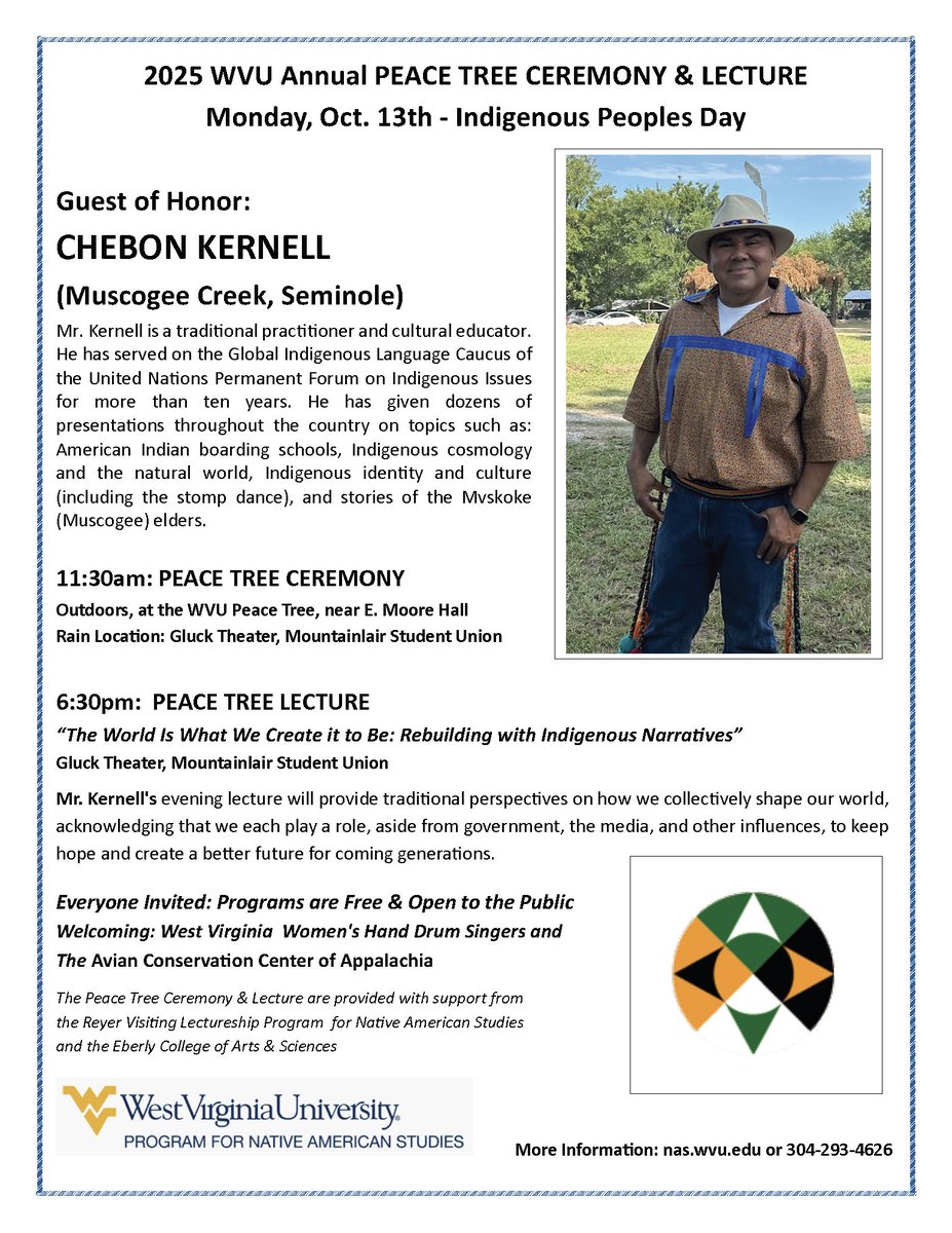 WVUHumanities's tweet photo. Join the Native American Studies Program for their annual Peace Tree Ceremony and Lecture! Mark your calendar. https://t.co/kYQ49G6Au0