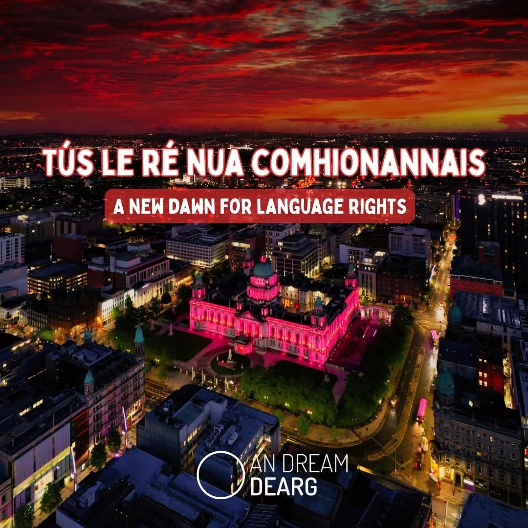 Polasaí Gaeilge nua i mBéal Feirste / New Irish Language Policy ⭕

Bród &amp; comhionannas don Ghaeilge 💚  Pride &amp; equality for Irish 💚

👏 Iarracht chomhchoiteann @ City Hall / A true collective effort 👏

⚡️ Belfast = beacon of equality ⚡️