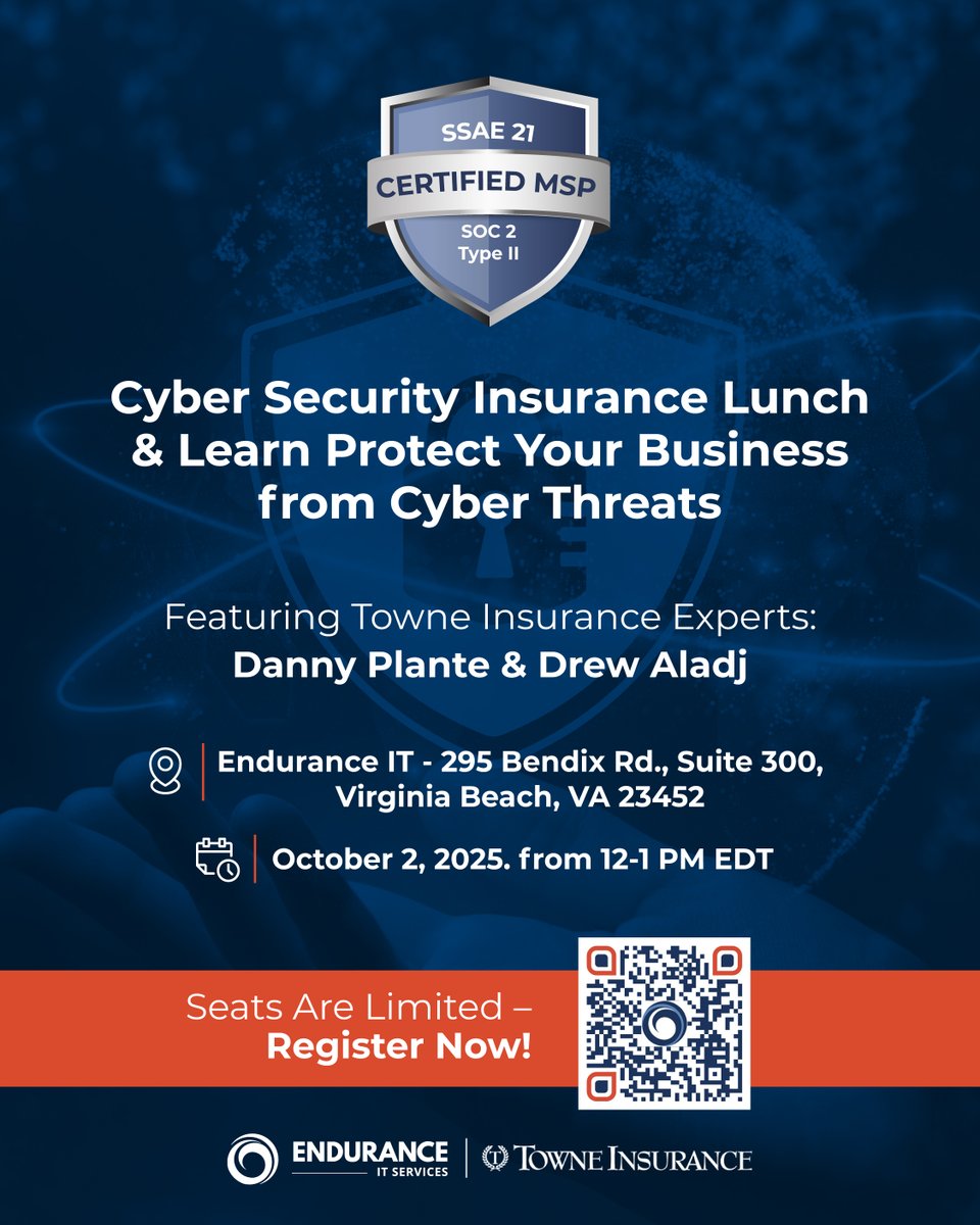 EnduranceITVA's tweet image. Today’s the day!

Join us at 12:00 PM for the Cyber Security Insurance Lunch &amp;amp; Learn featuring Danny Plante and Drew Aladj of Towne Insurance. If you haven’t registered, there’s still time! 
🔗 events.endurance-it.com
#EnduranceIT #LunchAndLearn #cybersecurityinsurance
