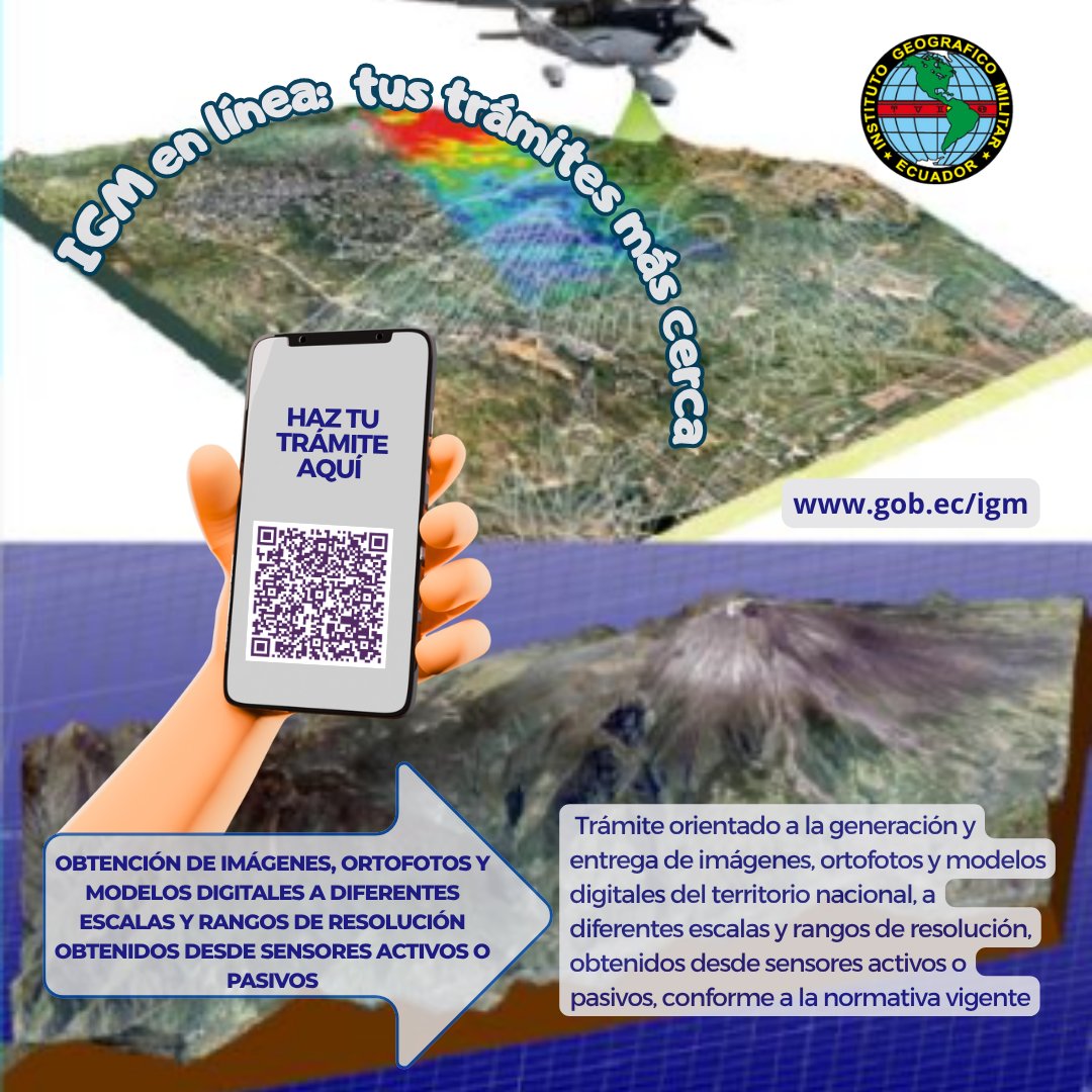 🛰️ ¿Necesitas imágenes, ortofotos o modelos digitales del territorio nacional?
El <a href="/IGM_Ecuador/">Instituto Geográfico Militar</a>  genera productos geoespaciales a distintas escalas y resoluciones, obtenidos desde sensores activos o pasivos.
📲 Más info 👉 gob.ec/igm
 #Geoinformación #EcuadorDigital