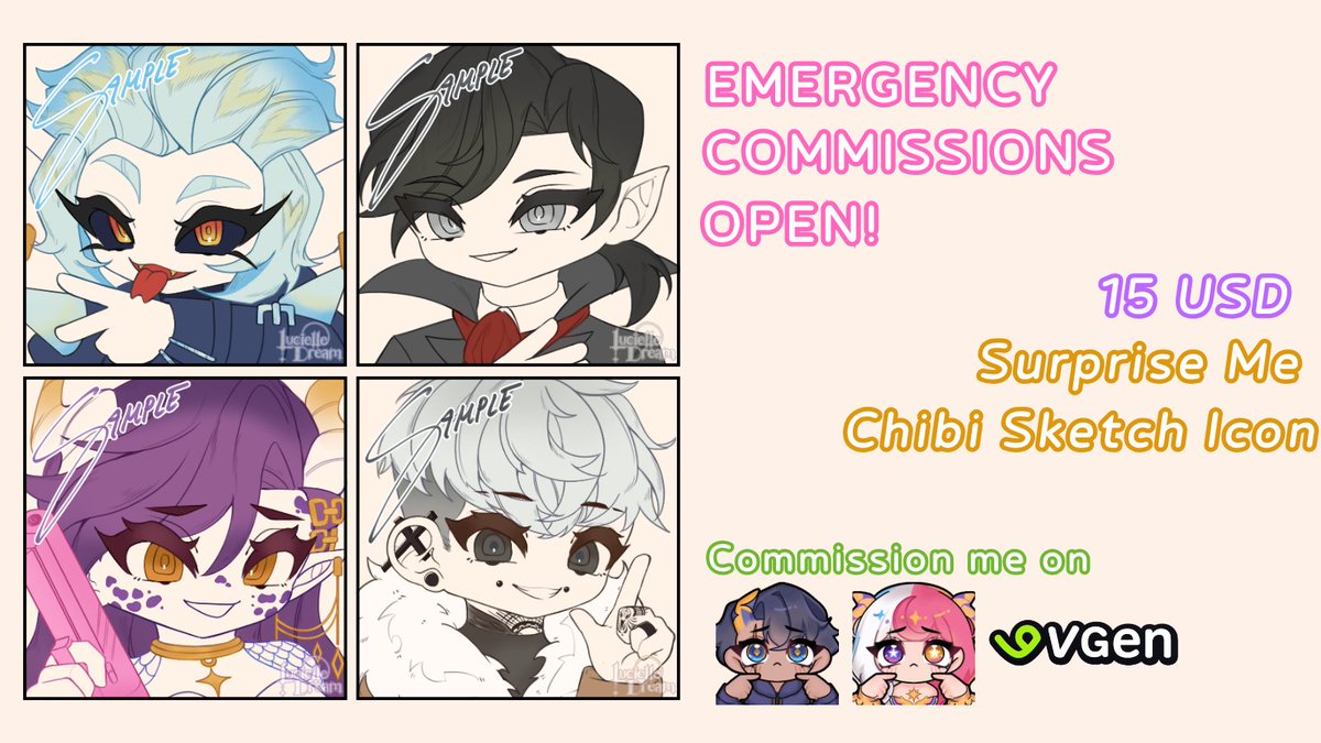 Emergency Commissions Open!

🐑$15 Surprise Me Chibi Sketch (Icon)

A bit tight now with bills ; u ; Any help would be appreciated! I'll be working on them on strim! 💜

Vgen: vgen.co/lucielle/servi…

#commissionsopen #commissions