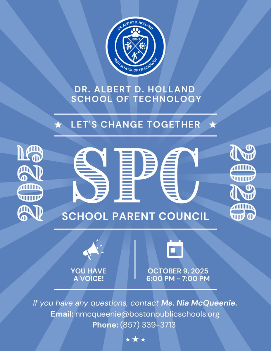 HollandTechBPS's tweet photo. Fall Open House: Thursday, October 9, 2025, from 5 - 7 PM! This is a wonderful opportunity to build community with fellow families. 🎉 We’re also kicking off our first School Parent Council meeting at 6PM — your voice matters, your involvement makes a difference. 💪🏽 #HollandTech https://t.co/1SJprVSN0y