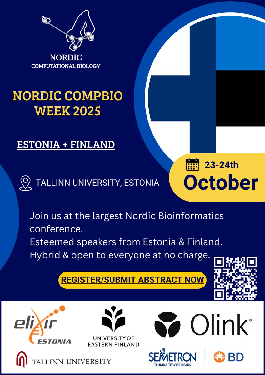 🚨 The Nordic CompBio Conference is coming soon at Tallinn University
📅 Thursday-Friday 23-24th of October (10:30-17:15 EEST) 
📢 Abstract submissions and registrations are open
🔗 nordic-compbio.org/ncb-week 
#NordicCompBio #ComputationalBiology #Bioinformatics #Nordics
