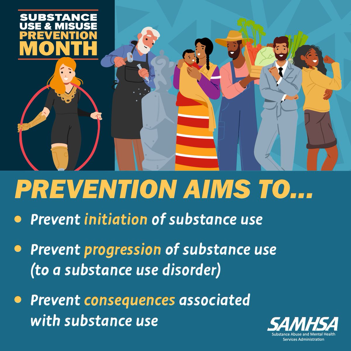 It’s #SubstanceUseAndMisusePreventionMonth!

Prevention helps us get ahead of challenges. So that individuals, families, and communities can be healthy and thrive. Visit: samhsa.gov/about/digital-… #SubstanceUseAndMisusePreventionMonth #PreventionMonth #MyPreventionStory