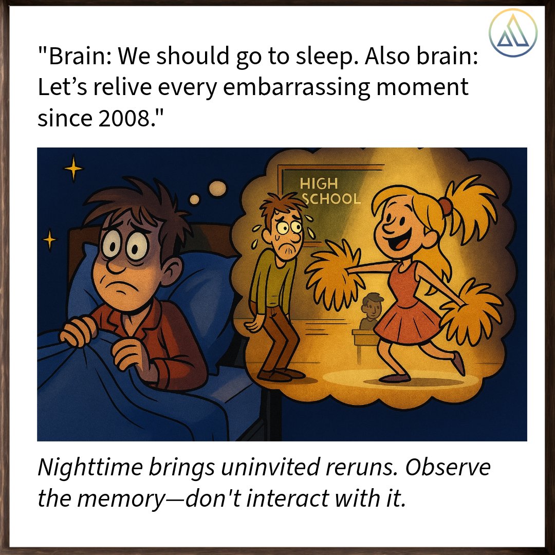 Elevatelifepsy's tweet image. The brain is a mysterious thing. It’s either fully committed to sleep or fully committed to reminding you of that thing you said in 2008. 
Your worth isn’t measured by old bloopers. You’re not who you were in 2008.

#OverthinkingAtNight #AnxietyHumor #MentalHealthRelatable