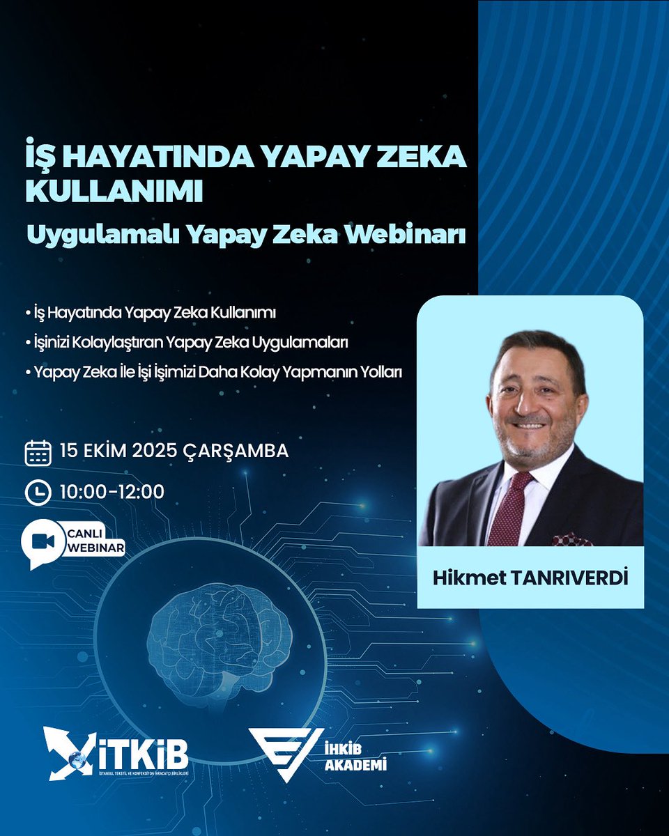 ihkibakademi's tweet photo. İş Hayatında Yapay Zeka Kullanımı - Uygulamalı Yapay Zeka Webinarı 

Hikmet Tanrıverdi’nin anlatımıyla: 
📌 İş Hayatında Yapay Zeka Kullanımı 
📌 İşinizi Kolaylaştıran Yapay Zeka Uygulamaları
📌 Yapay Zeka İle İşimizi Daha Kolay Yapmanın Yolları https://t.co/QNbwiBvXcB