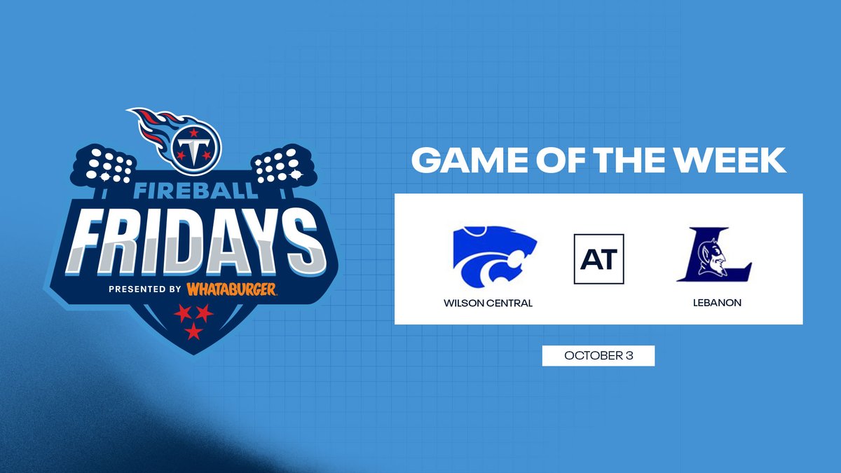 Titans Community (@titanscommunity) on Twitter photo This week's <a href="/Titans/">Tennessee Titans</a> Fireball Fridays Game of the Week presented by <a href="/Whataburger/">Whataburger®</a> is a huge Wilson County showdown between Lebanon and Wilson Central🏈 We'll see you tomorrow night!
#ThisisHSFootball This week's <a href="/Titans/">Tennessee Titans</a> Fireball Fridays Game of the Week presented by <a href="/Whataburger/">Whataburger®</a> is a huge Wilson County showdown between Lebanon and Wilson Central🏈 We'll see you tomorrow night!
#ThisisHSFootball