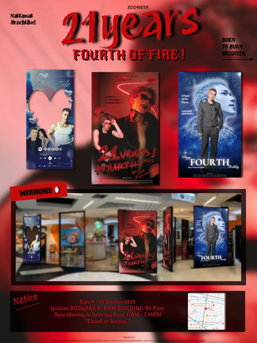 mynameis_Jejee's tweet image. Born to Burn Brighter | Fourth’s 21st Birthday Cafe

#21YearsOfFireFOURTH
Born to burn brighter.

𝗖𝗮𝗳𝗲’𝘀
📍 ʙᴏᴏɴᴘᴀᴋ ᴀᴛ ɢᴍᴍ ɢʀᴀᴍᴍʏ
🗓️ 𝟦-𝟣𝟫 ᴏᴄᴛᴏʙᴇʀ 𝟤𝟢𝟤𝟧

𝑯𝒂𝒑𝒑𝒚 𝟐𝟏𝒔𝒕 𝑩𝒊𝒓𝒕𝒉𝒅𝒂𝒚,
— forever shining bright 💫

#TheMagicofFOURTH21st…