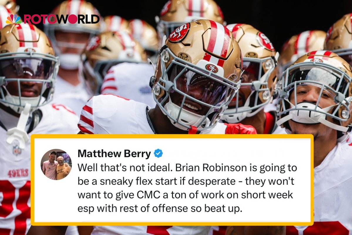 rotoworld_fb's tweet image. With Brock Purdy, Jauan Jennings and Ricky Pearsall ruled out for Week 5, @MatthewBerryTMR feels like the 49ers could turn to Brian Robinson—not another receiver to take the load off CMC