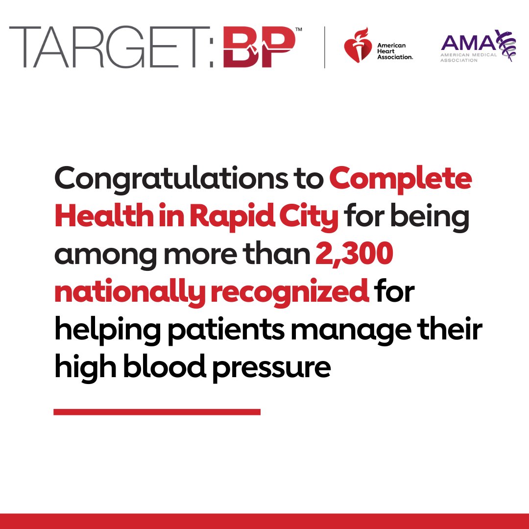 Congratulations to the more than 2,300 organizations across the nation — including Complete Health in Rapid City — recognized with #TargetBP achivement awards for their commitment to improving management of high blood pressure. spr.ly/6019AiwYF #hypertension