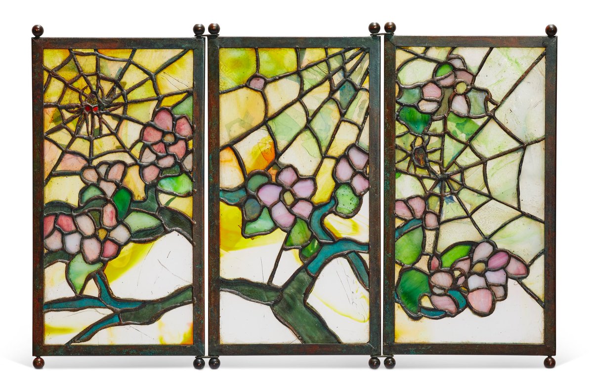 ArtHistAnimalia's tweet photo. #ThreeForThursday :
Tiffany Studios, NYC, USA, under artistic direction of Louis Comfort Tiffany (1848-1933)
‘#Spider’ Tea Screen, c. 1905
Triptych: leaded glass & patinated bronze
3 panels 22.7 x 11.5 cm (9 x 4 ½ in.) ea.
https://t.co/rmaFzDQBY7
#ArtNouveau https://t.co/fiMiDl2aVY