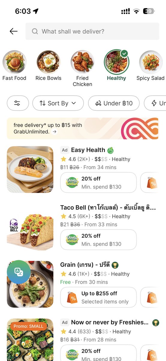 jchennav's tweet photo. I was looking for healthy food to be delivered on @GrabTH and the first non-sponsored option was @tacobell @Tacobellth. #livemas #MAHA https://t.co/IP4NBRCf0Z