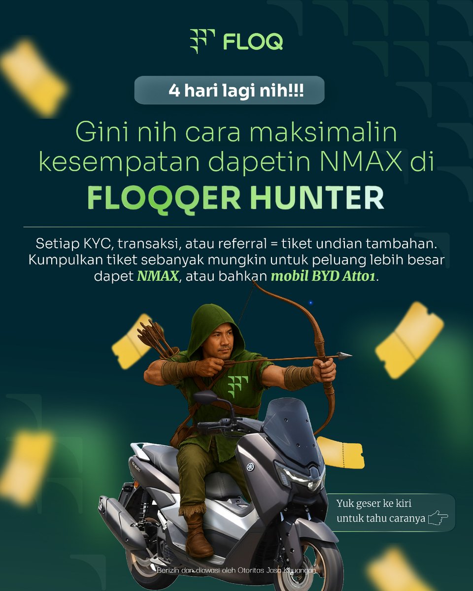 floq_id's tweet photo. 4 HARI LAGI!
FLOQQER Hunter segera ditutup!
Kesempatanmu untuk bawa pulang BYD Atto1, Yamaha NMAX, hingga hadiah BTC senilai jutaan rupiah tinggal beberapa hari lagi.
Cukup KYC, transaksi, dan ajak teman. Jangan sampai ketinggalan.
#FLOQ #floqid #floqforfreedom #cryptomadeeasy