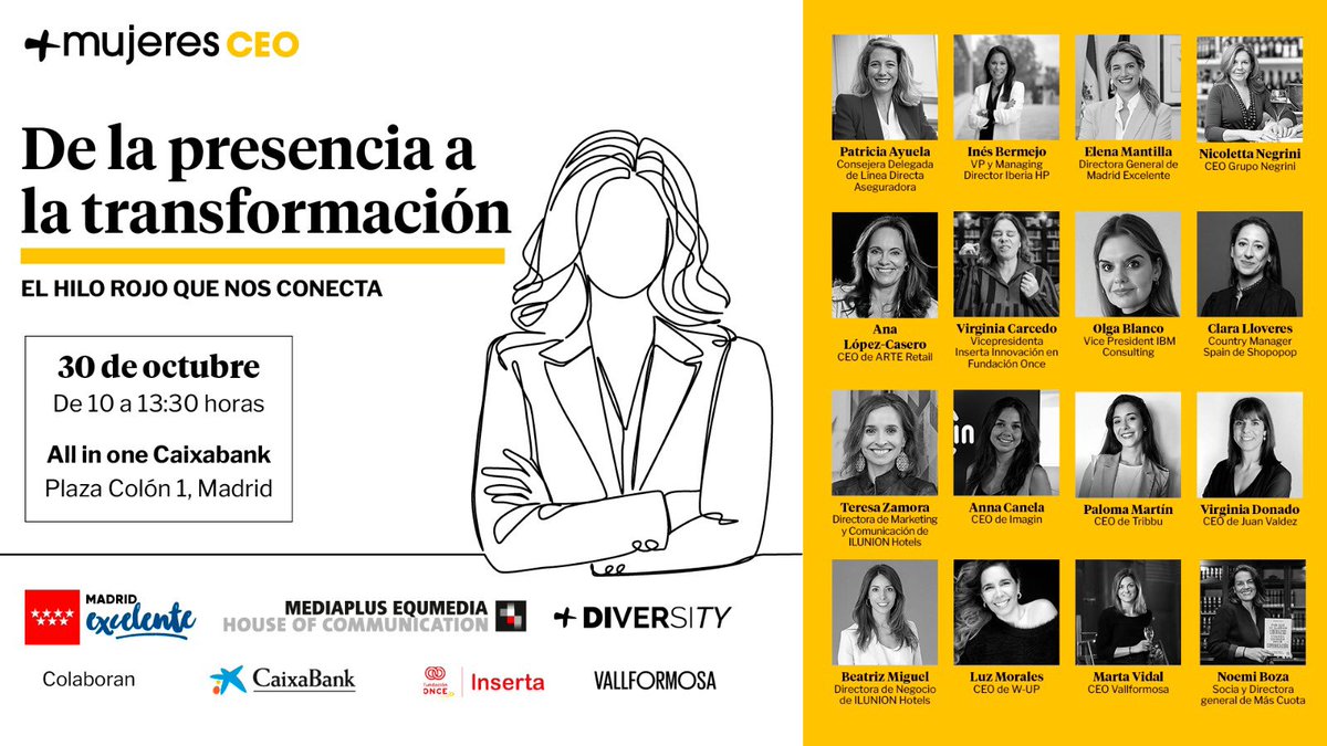 ¿Basta la visibilidad de la mujer para crear un nuevo liderazgo compartido entre hombres y mujeres? 👉 canalceo.com/mas-mujeres-ce…

Más Mujeres CEO
🗓 30 de octubre
⌚ De 10 horas a 13:30 horas
All in One <a href="/caixabank/">CaixaBank</a> 📍 Plaza Colón 1, Madrid

#MásMujeresCEO #LiderazgoFemenino 💼🚀🤝