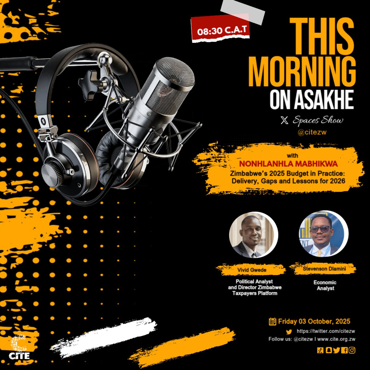 Join us on Asakhe this Friday, October 3rd, at 8:30 AM as we discuss Zimbabwe’s 2025 Budget: Delivery, Gaps &amp; Lessons for 2026. With guests <a href="/VividGwede/">Vivid Gwede</a> (Political Analyst &amp; Director, Zimbabwe Taxpayers Platform) and Stevenson Dlamini (Economic Analyst).