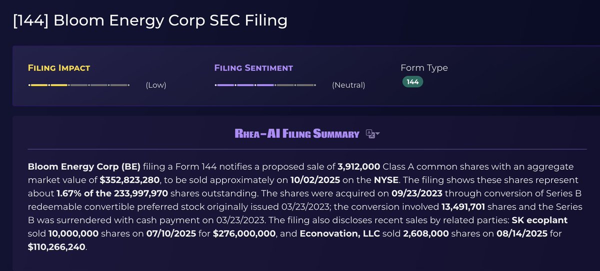 TheOptionsGeek's tweet image. SK Files to sell 4mm shares of $BE today.