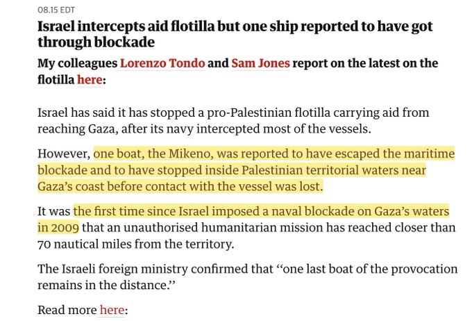 Text on a white background detailing an Israeli naval blockade intercepting a flotilla, with one boat, Mikeno, reported to have reached Palestinian waters near Gaza\'s coast. Names Lorenzo Tondo and Sam Jones are mentioned in the text.