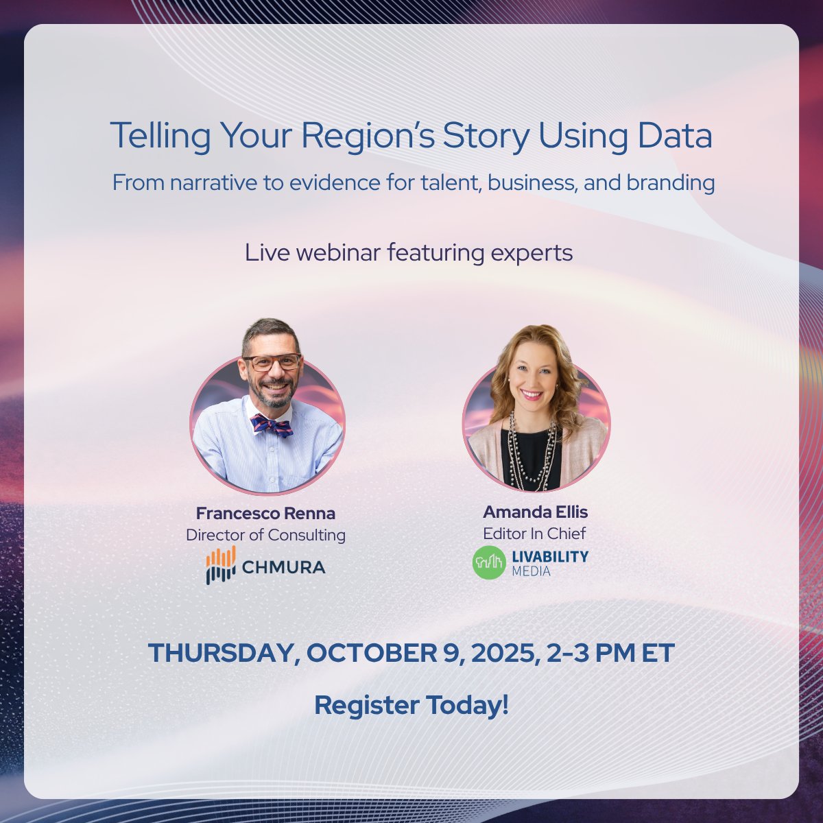 Join our live webinar “Telling Your Region’s Story Using Data,”  on Oct 9, 2–3 PM ET to learn how to find the right metrics, validate claims, and package insights for talent, business, and residents. 
Oct 9, 2–3 PM ET. Register here: bit.ly/431BzZg