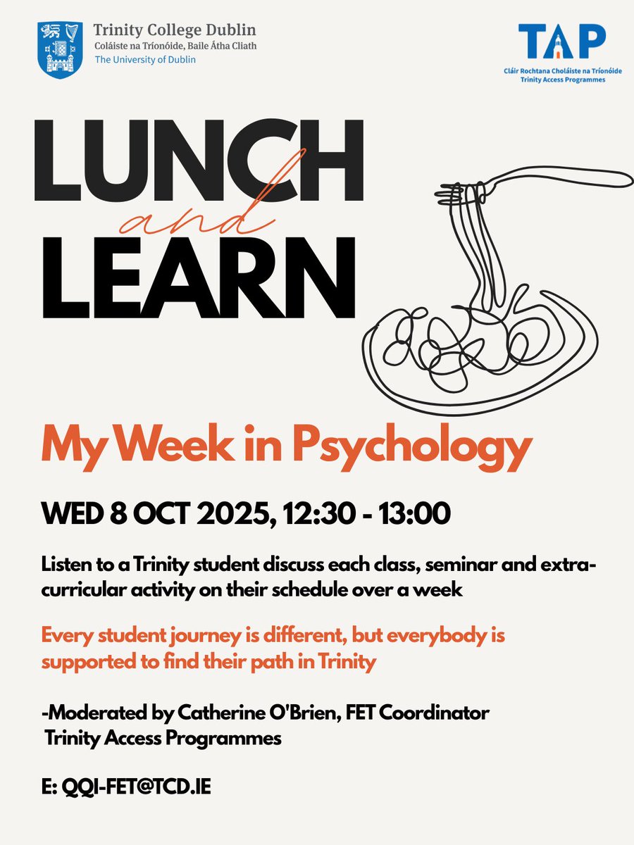 AccessTCD's tweet image. 🎧Next Wednesday, hear a @tcddublin student talk through their weekly classes, seminars and extracurricular activities.
🔗 Link to Psychology: bit.ly/3IGCckg
✅ Sign up for more: bit.ly/4nXwR75
FET students, adult learners and senior cycle students all welcome!