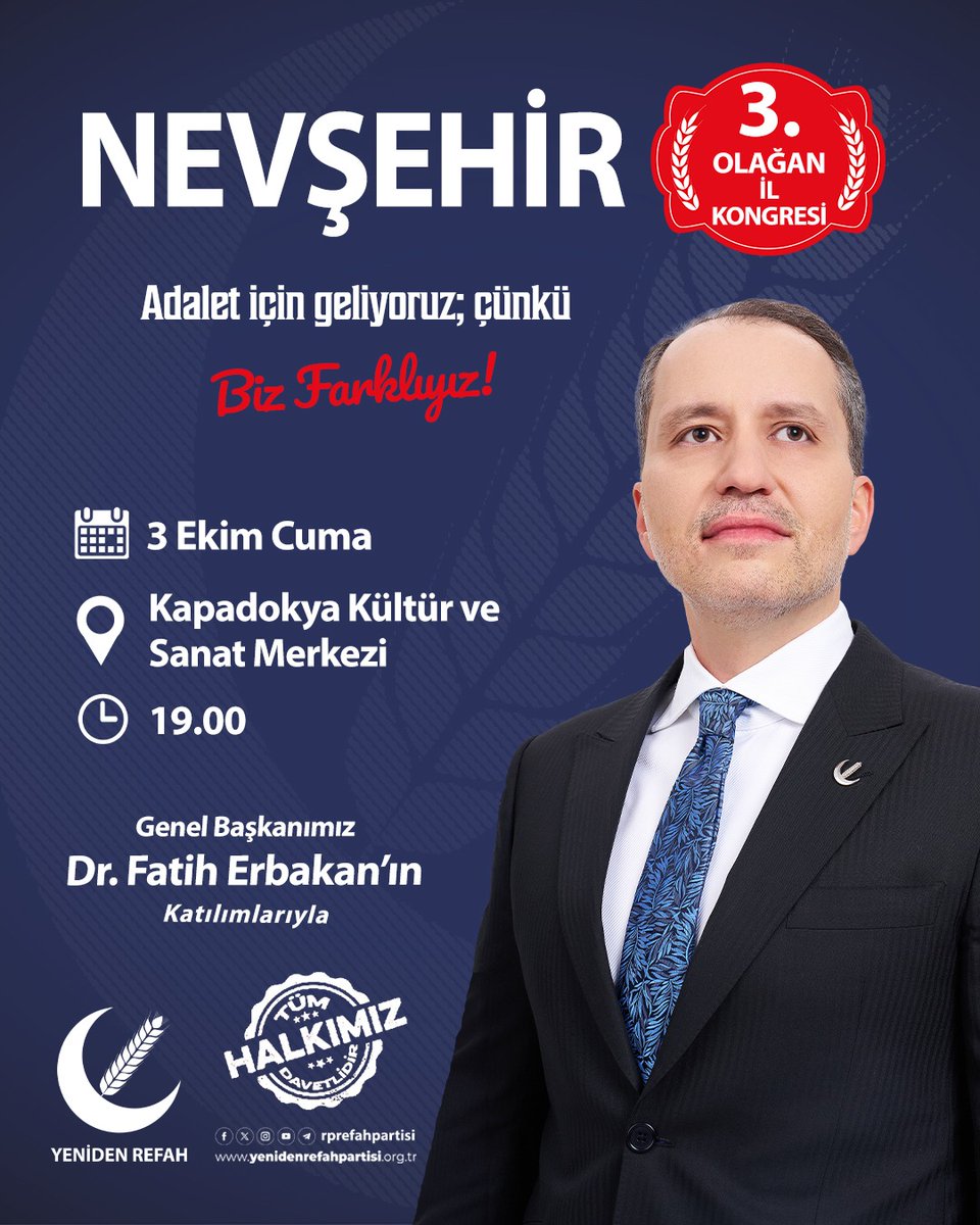 Nevşehir 3. Olağan Kongremizi, Genel Başkanımız Dr. Fatih Erbakan’ın katılımlarıyla 3 Ekim Cuma günü saat 19.00’da Kapadokya Kültür ve Sanat Merkezi'nde gerçekleştireceğiz.

📅 3 Ekim Cuma
🕐 19.00
📍 Kapadokya Kültür ve Sanat Merkezi

Tüm halkımız davetlidir.