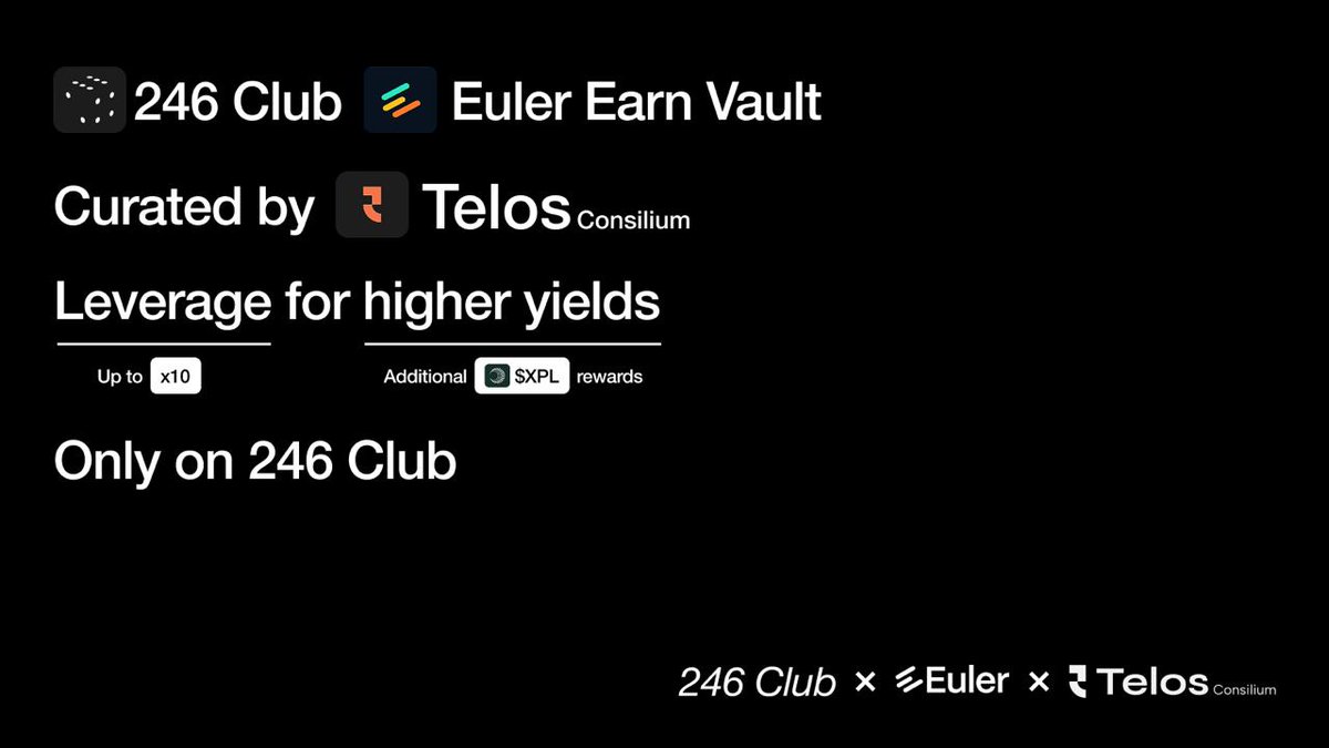 246 Club (@246_club) on Twitter photo Announcing 246 Club <a href="/eulerfinance/">Euler Labs</a> Earn Vault, curated by <a href="/TelosConsilium/">Telos Consilium</a>.
246 <> Telos Vault will be exclusively available as collateral within 246 Club.
Leverage 246 Club Euler Earn Vault on <a href="/Plasma/">Plasma</a>. Announcing 246 Club <a href="/eulerfinance/">Euler Labs</a> Earn Vault, curated by <a href="/TelosConsilium/">Telos Consilium</a>.
246 <> Telos Vault will be exclusively available as collateral within 246 Club.
Leverage 246 Club Euler Earn Vault on <a href="/Plasma/">Plasma</a>.