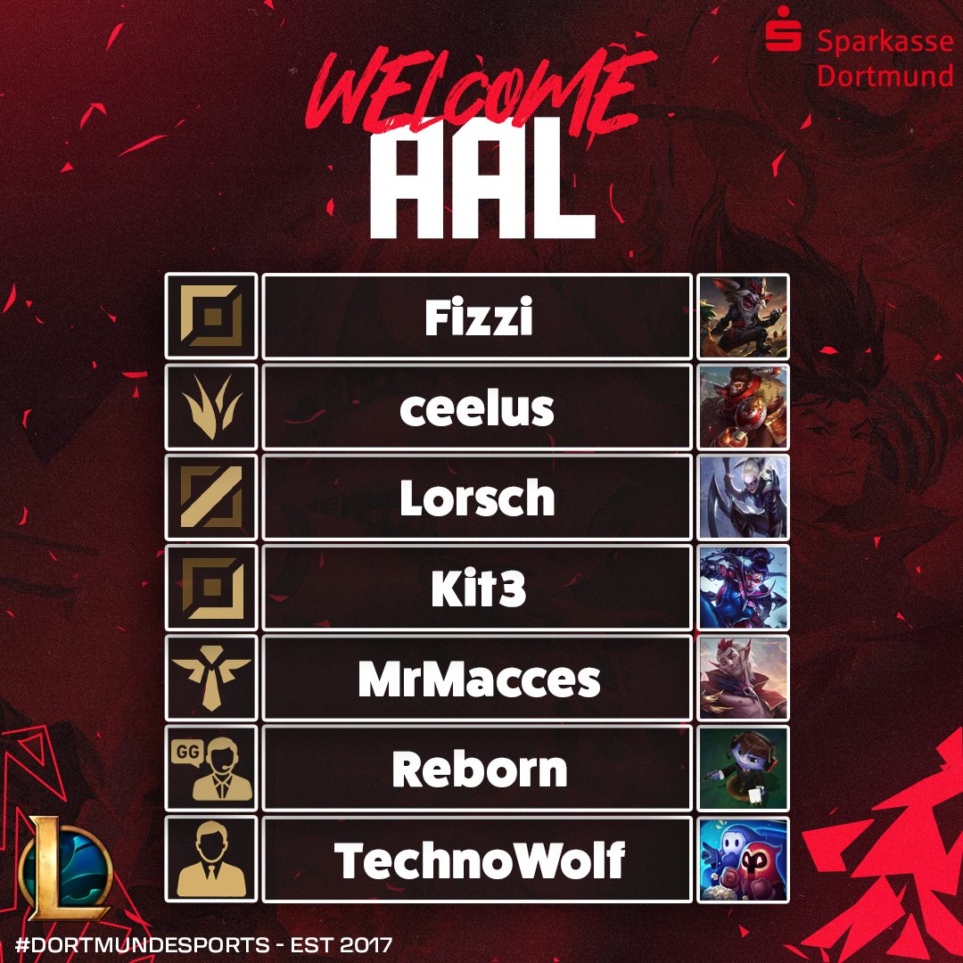 DortmundEsports's tweet photo. 🦅 HERZLICH WILLKOMMEN 🦅

Heute stellen wir euch unser "Aal" Team vor, die uns in der 4. DIV vertreten werden.

🏝️ @x_FiZZi 
🌲 @ceeluslol 
🧙‍♂️ @LorschLoL 
🏹 @lolJanic 
💊 @MrMacces 
👨‍🏫 @RebornJg 
💼 @TechnoWolf_lol 

#dortmundesports #dortmund #esports #LoL #PrimeLeague https://t.co/hrsrkcx4kw