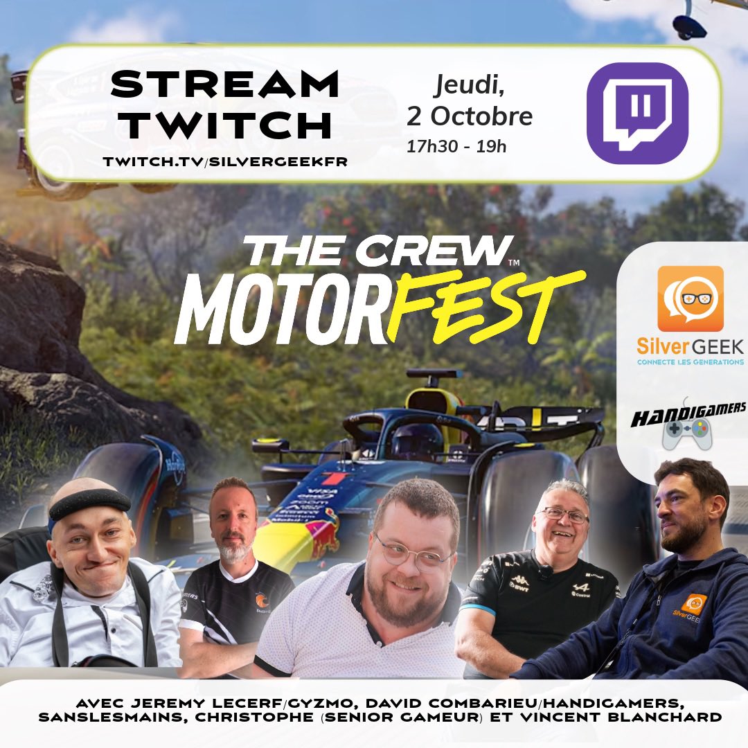 Salut les potes !!

J’espère que vous avez la forme ?

Rendez-vous à 17h30 sur la chaîne  twitch.tv/silvergeekfr où on parle, accessibilité et inclusion des jeux vidéo sur The crew MOTORFEST 

<a href="/SilverGeekFr/">Silver Geek</a> <a href="/davidcombarieu/">David #HandigamerProject</a> <a href="/MrGyzmo84/">Jérémy "Gyzmo" Lecerf</a>