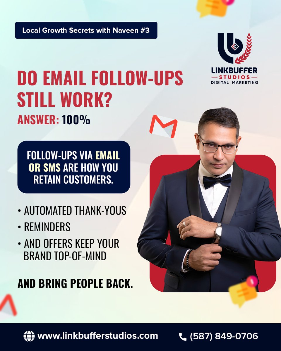 linkbuffer's tweet image. Stop losing customers you already worked hard to win.
Email & SMS follow-ups keep your brand top-of-mind, build loyalty, and bring clients back.
Ready to automate your follow-up system? Let’s set it up at
📞 (587) 849-0706 | 🌐 linkbufferstudios.com
#Linkbufferstudios #yeg