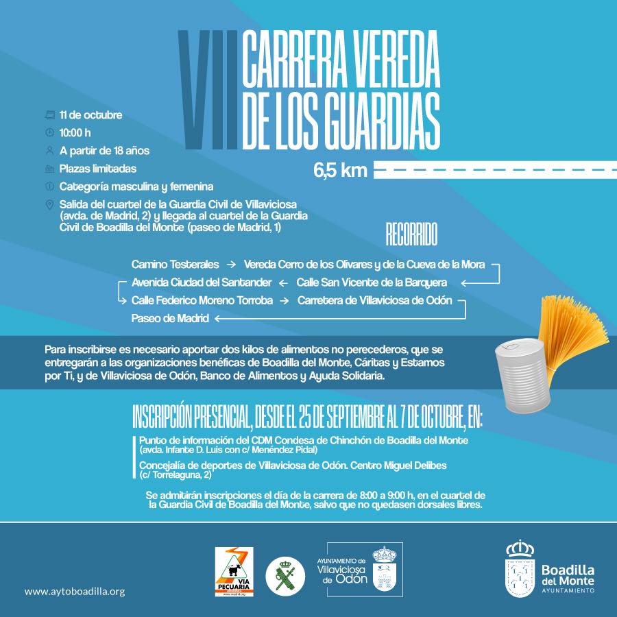 El 11 de octubre se celebrará la VII edición de la Carrera Vereda de los Guardias🏃‍♀️🏃
Puedes inscribirte en esta prueba que han presentado los alcaldes de Villaviciosa de Odón, Juan Pedro Izquierdo, y Boadilla del Monte, Javier Úbeda, entre otros.   
ℹ️ Toda la info 👇