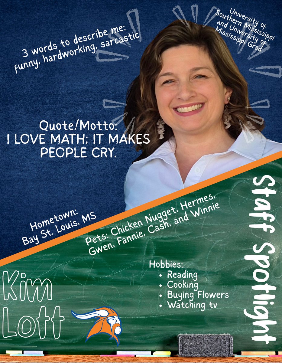 🔵🟠STAFF SPOTLIGHT🟠🔵
Mrs. Kim Lott teaches Algebra 1 &amp; Math Essentials. We are thankful for all she does!
Random Likes: True Lies, Princess Bride, the Saint, The Pitt, Wednesday, and Will Trent
Fun Memory: Coach Sutton did the splits with a backpack like he was a Ninja Turtle.