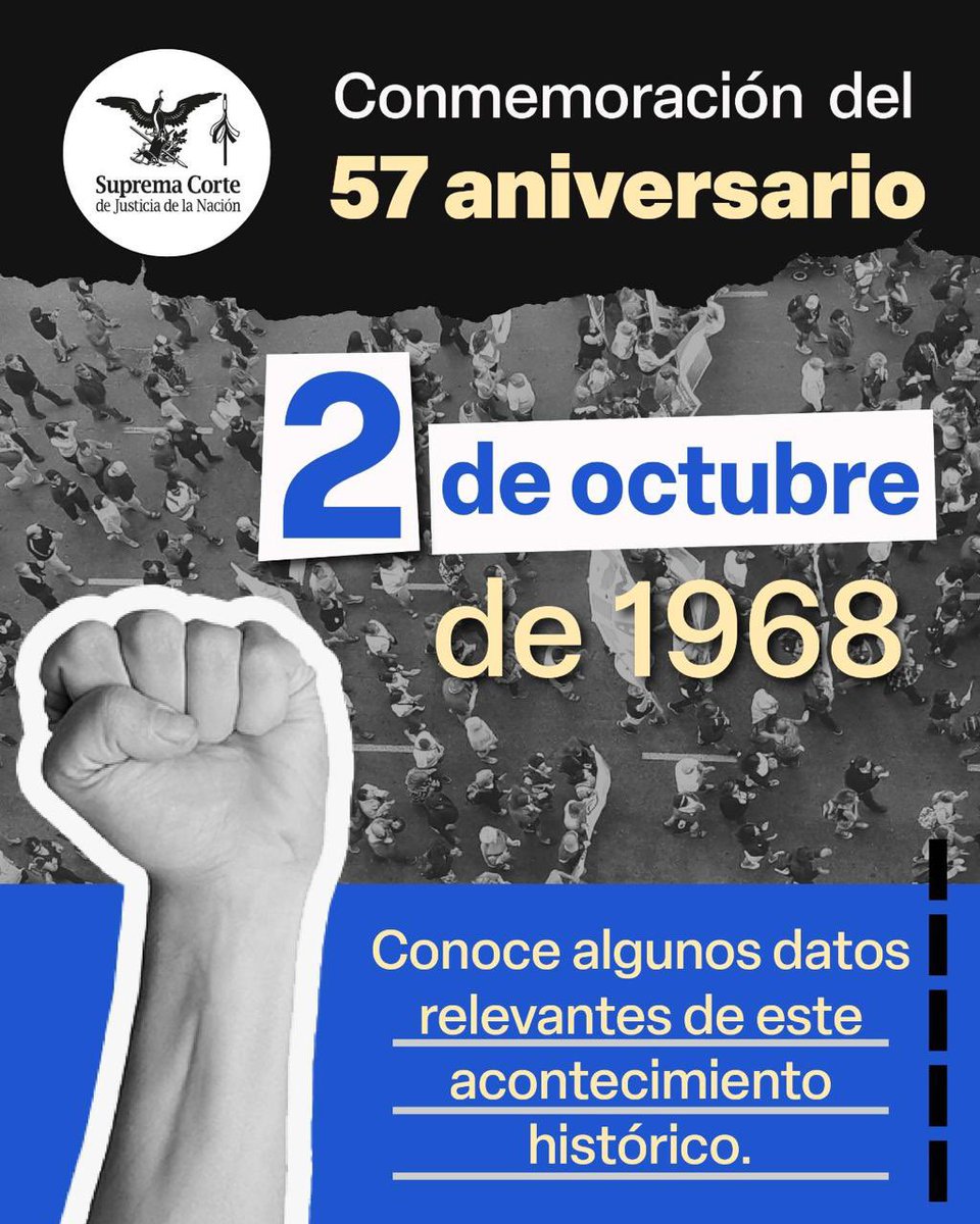 SCJN's tweet photo. 1/5 Porque recordar es resistir, y resistir es luchar porque nunca más se repita. “#2deoctubre no se olvida”, Conmemoración del Movimiento Estudiantil de 1968.

🧵 Más información en el hilo. https://t.co/G5LIQsNWG8