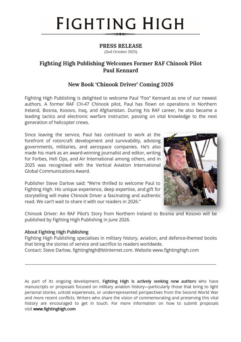 We’re thrilled to welcome former RAF Chinook pilot &amp; award-winning journalist Paul Kennard to Fighting High! His new book Chinook Driver lands in 2026📖
Press release herewith

Book cover reveal next Wednesday morning!

#ChinookDriver #Chinook #RAF #Aviation #MilitaryHistory