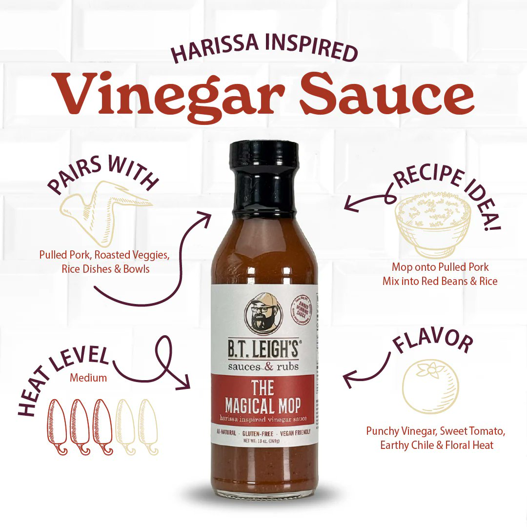 Our Harissa-Inspired Carolina Vinegar sauce, The Magical Mop, is back in stock~ if you know, you know! Be in the know. Vinegar up!

btleighs.com/the-magical-mop