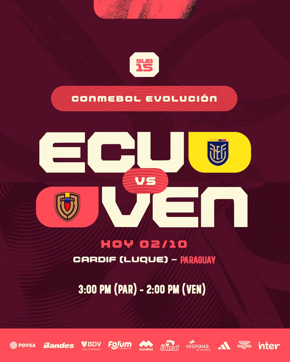 𝐇𝐨𝐲 𝐣𝐮𝐞𝐠𝐚 𝐋𝐚 𝐕𝐢𝐧𝐨𝐭𝐢𝐧𝐭𝐨 🇻🇪

Los chamos enfrentarán a Ecuador en la Fecha 4 de la #LigaEvoluciónSub15 en el CARDIF.

🖥 Canal de YouTube de CONMEBOL youtube.com/live/QvQVpsmxi…

#VinotintoSub15
#SiempreVinotinto