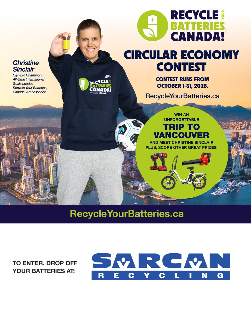 We are excited to partner with <a href="/Call2RecycleCA/">Call2Recycle Canada</a> for the Circular Economy Month Contest.  From October 1-31, 2025, drop off your used batteries at any SARCAN depot for a chance to WIN a trip to Vancouver to meet Christine Sinclair!
RecycleYourBatteries.ca/contest/