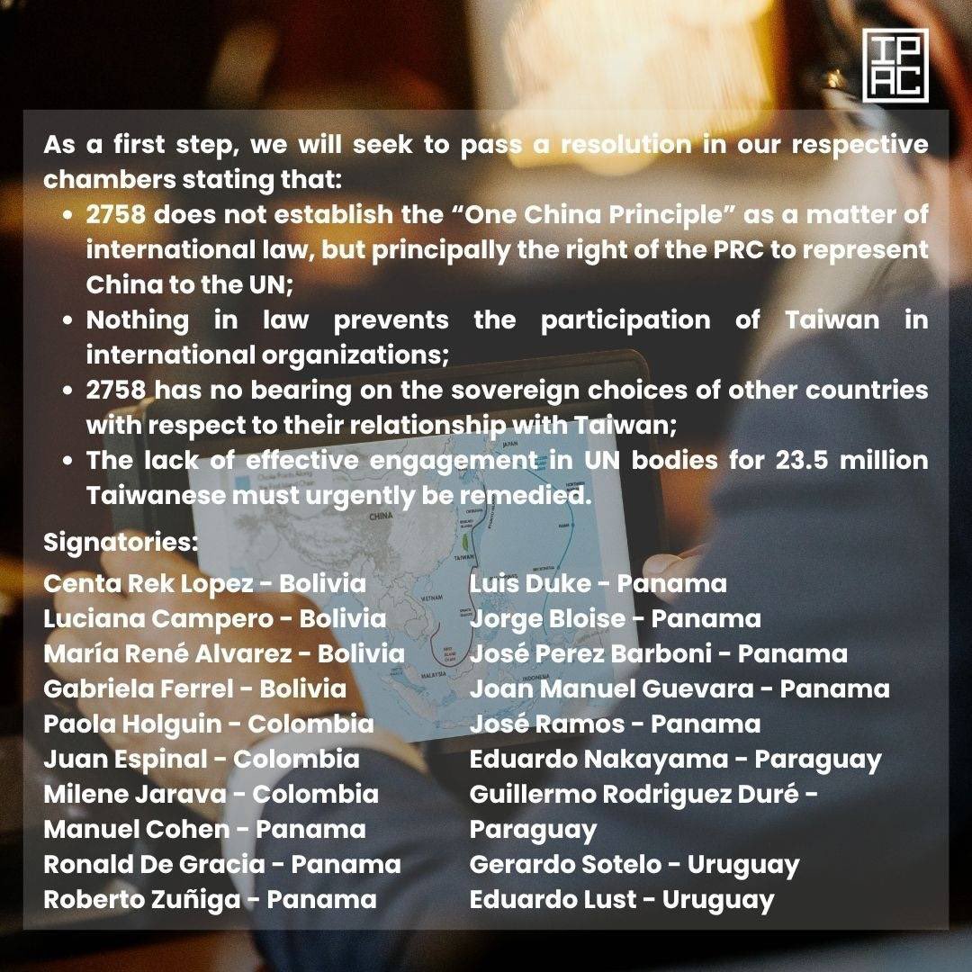 🧵 IPAC #Initiative2758 continues.

Latin American members across 🇵🇦🇨🇴🇧🇴🇵🇾🇺🇾 commit to action in their parliaments on 2758.

Sweden’s Foreign Affairs Committee rejects China’s distortion of UN Resolution 2758, a cross-party stand led by 🇸🇪 Co-Chair <a href="/MagnusBerntsson/">Magnus Berntsson</a>.

IPAC