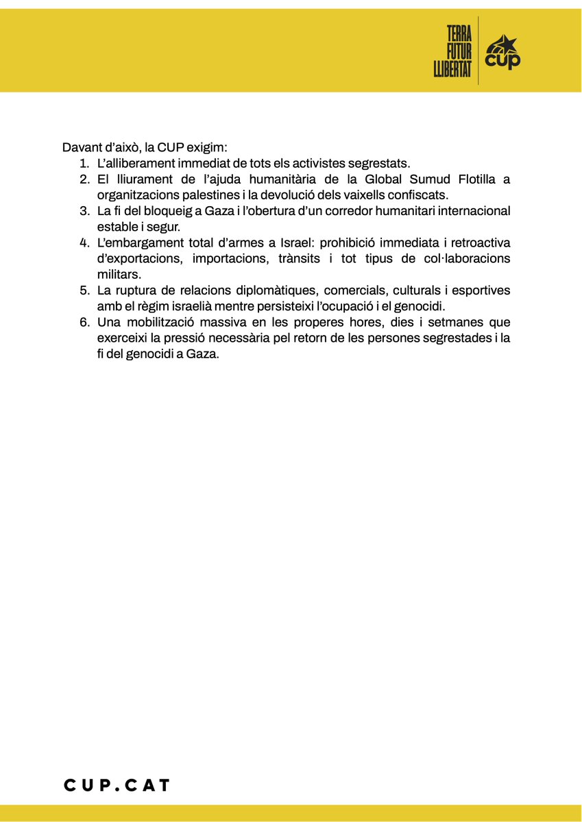 cupnacional's tweet image. 🟡 Comunicació urgent davant del segrest de la diputada de la CUP, Pilar Castillejo, i del membre de la direcció nacional del partit, Adrià Plazas, així com de desenes d’activistes catalans i d’arreu del món per part de l’exèrcit israelià en aigües internacionals.