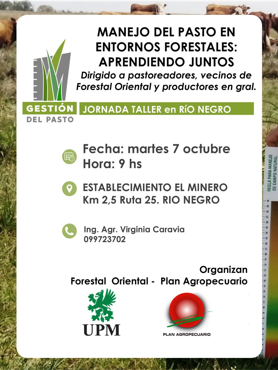 PlanAgro's tweet photo. ¡Próxima semana!📝
🌱Jornada/Taller "Manejo del pasto en entornos forestales: aprendiendo juntos"
🗓️6/10⏰14hs📌UPM, Arévalo, Cerro Largo
#ControlDeGarrapata 🗣️@rafaelcarriq
🗓️7/10⏰9hs📌 Estab."El Minero", Río Negro
¡Te esperamos!
@UPMUruguay Ings. Barros, Caravia #PlanAgro https://t.co/5fzyOns17Q