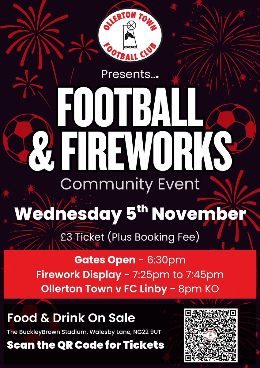 ⚽️ 𝗙𝗼𝗼𝘁𝗯𝗮𝗹𝗹 &amp; 𝗙𝗶𝗿𝗲𝘄𝗼𝗿𝗸𝘀 🎆

Join us on Wednesday 5th November for a night for exciting fireworks and football for all of the community.

This event is currently ticket only. To buy your tickets, click the link below:

➡️ eventbrite.com/e/ollerton-tow… ⬅️

@FcLinby