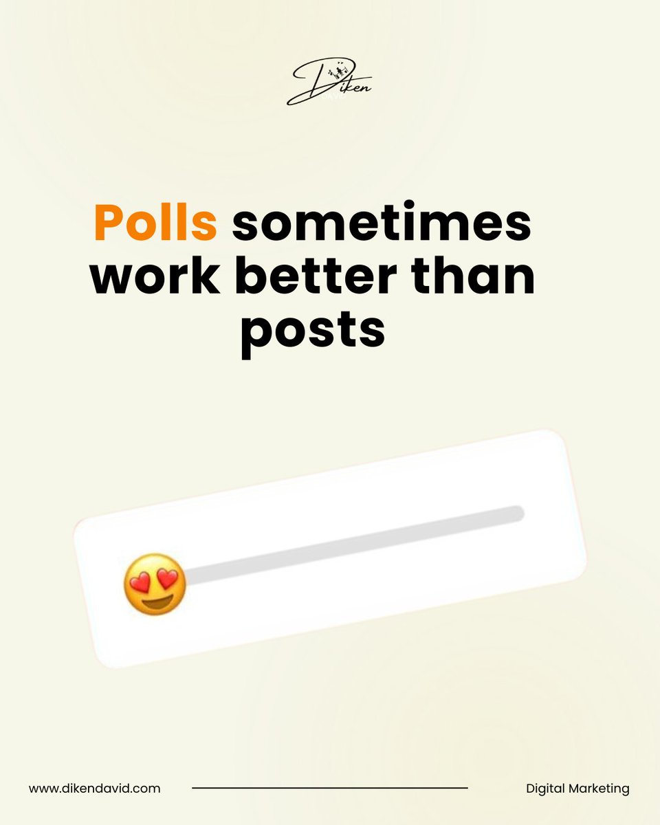 dikendavidltd's tweet image. Polls are an example of interactive posts, but they are not just for fun😅
In their own way, they boost visibility. Asking your audience what they prefer or think is a simple way to ignite engagement🔥

#freeclass #AIprompt #AI #contentideas #sme #digitalmarketing #dikendavid