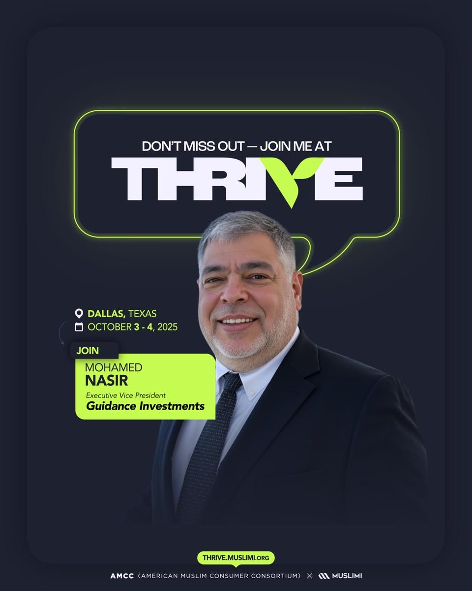 Meet Mohamad Nasir — Executive VP &amp; GM at Guidance Investments, LLC, with over 30 years of leadership in Islamic finance.
Beyond his professional achievements, actively serves on the boards of non-profits and community organizations, reflecting his commitment..

#Thrive2025