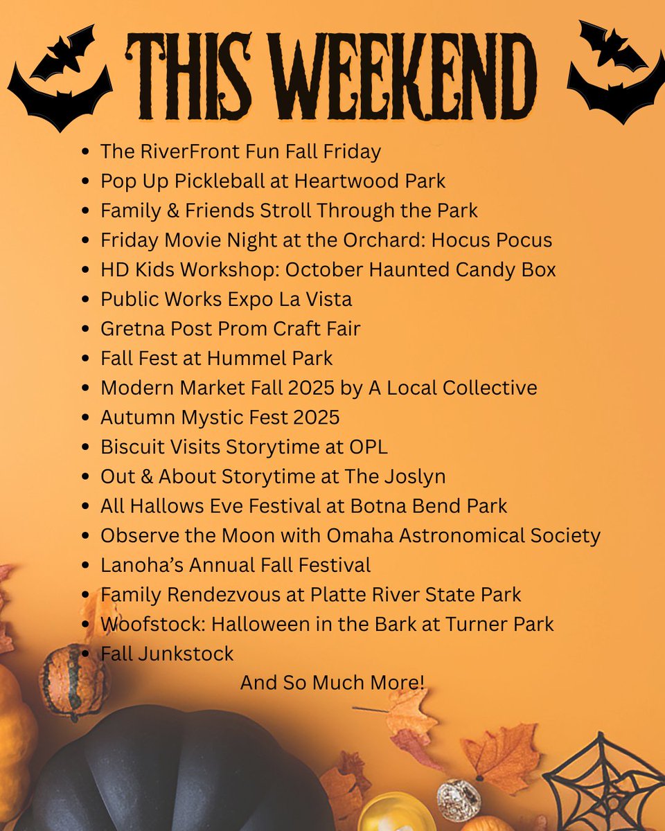 🍂🎃 So much fun is packed into this weekend in Omaha! From Fall Festivals, Craft Fairs, and Trick-or-Treating to Halloween Movie Nights, Moon Gazing, and even Woofstock for pups 🐾

familyfuninomaha.com/events/

#FamilyFunInOmaha #Omaha #FallFun