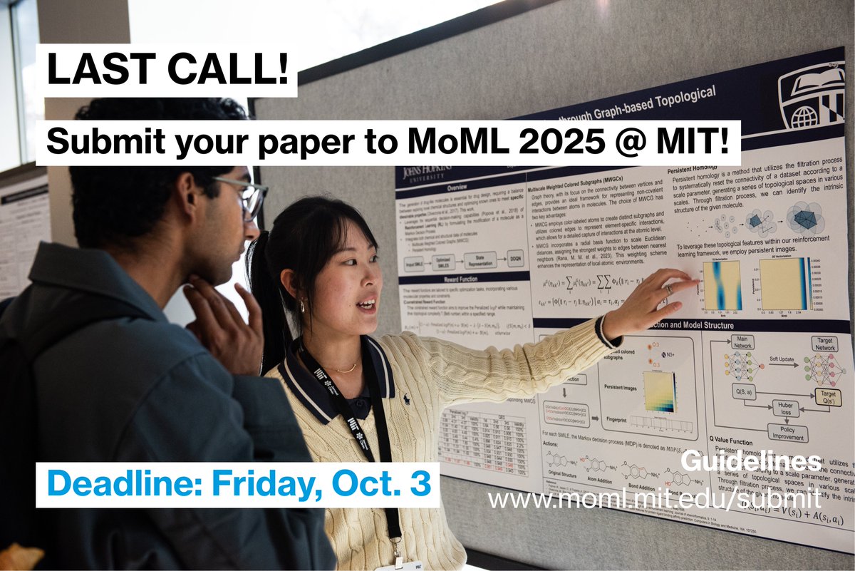 AIHealthMIT's tweet image. ⏰ REMINDER: Tomorrow is the LAST DAY to submit a paper to #MoML2025! Submit for the chance to be recognized in the "Top 4" & give a talk about your work! The audience will then have the opportunity to select one winner of the Best Paper Prize!
📄Submit: moml.mit.edu/submit