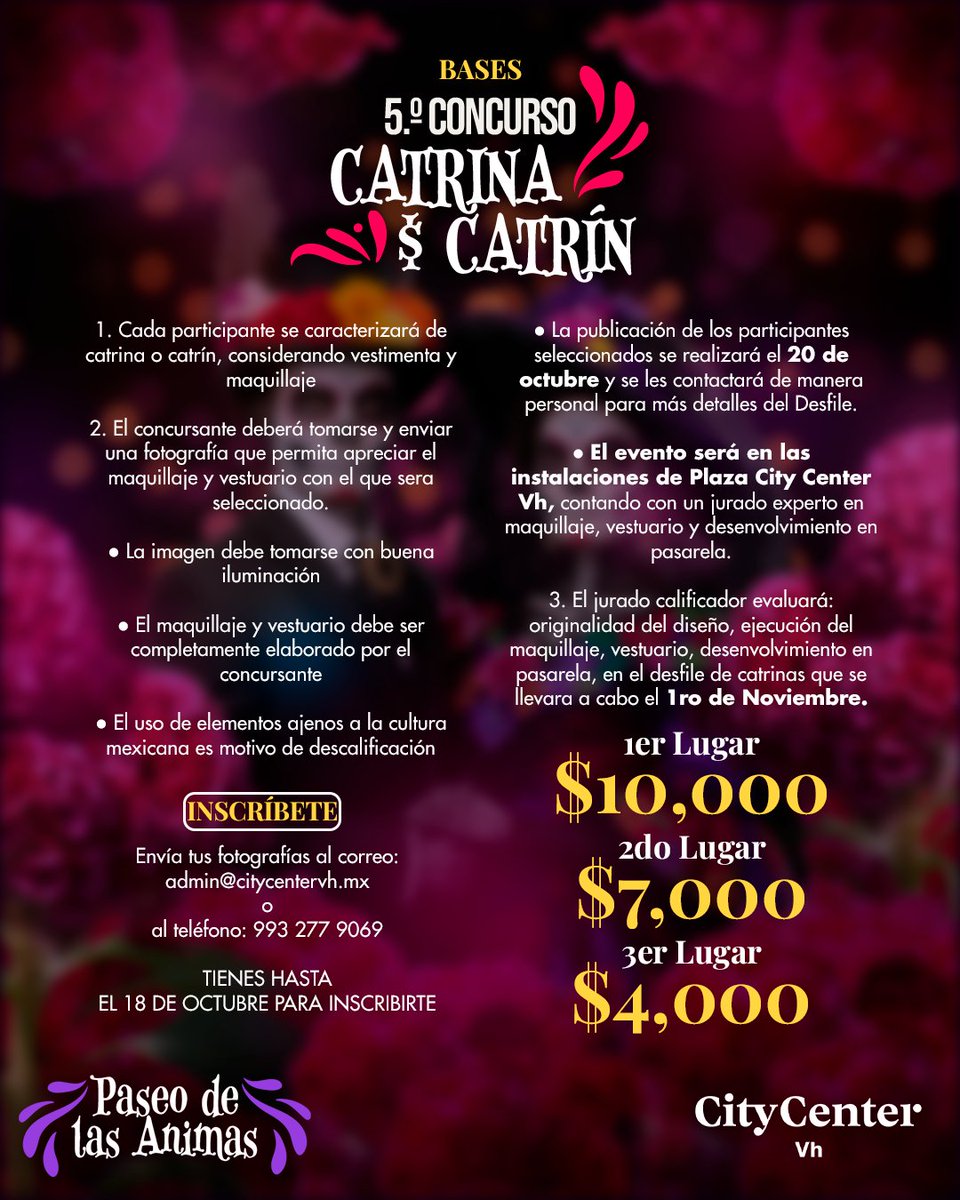 La tradición del Día de Muertos llega a Plaza City Center Vh, llena de color, historia y creatividad.
Nuestro Concurso de Catrín y Catrina es la oportunidad perfecta para mostrar tu talento y rendir homenaje a esta hermosa tradición. ✨