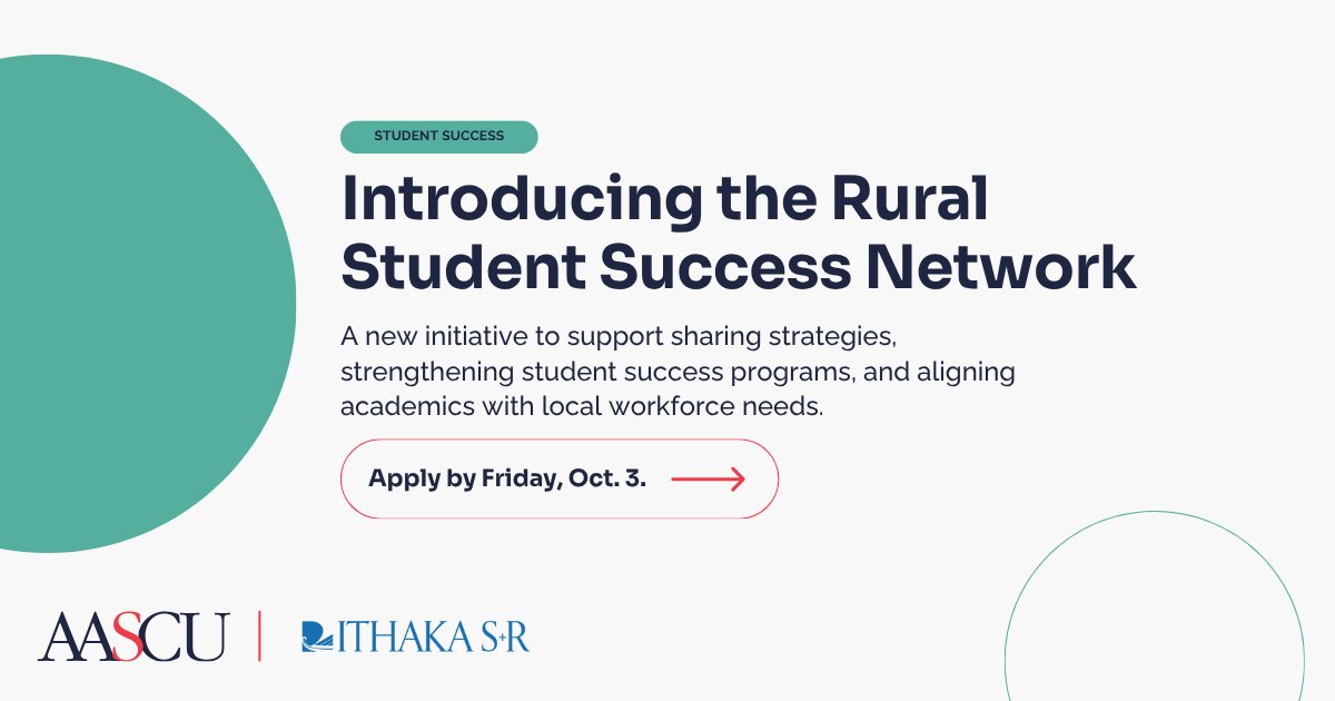 AASCU (@aascu) on Twitter photo ⏳ Last chance! Apply by Oct. 3 for the Rural Student Success Network, a partnership between AASCU and <a href="/IthakaSR/">Ithaka S+R</a>. Selected campuses receive a $15,000 subgrant, technical assistance, and peer support.
Apply now: tinyurl.com/2wsbhv79
#HigherEd #StudentSuccess #RuralEducation ⏳ Last chance! Apply by Oct. 3 for the Rural Student Success Network, a partnership between AASCU and <a href="/IthakaSR/">Ithaka S+R</a>. Selected campuses receive a $15,000 subgrant, technical assistance, and peer support.
Apply now: tinyurl.com/2wsbhv79
#HigherEd #StudentSuccess #RuralEducation